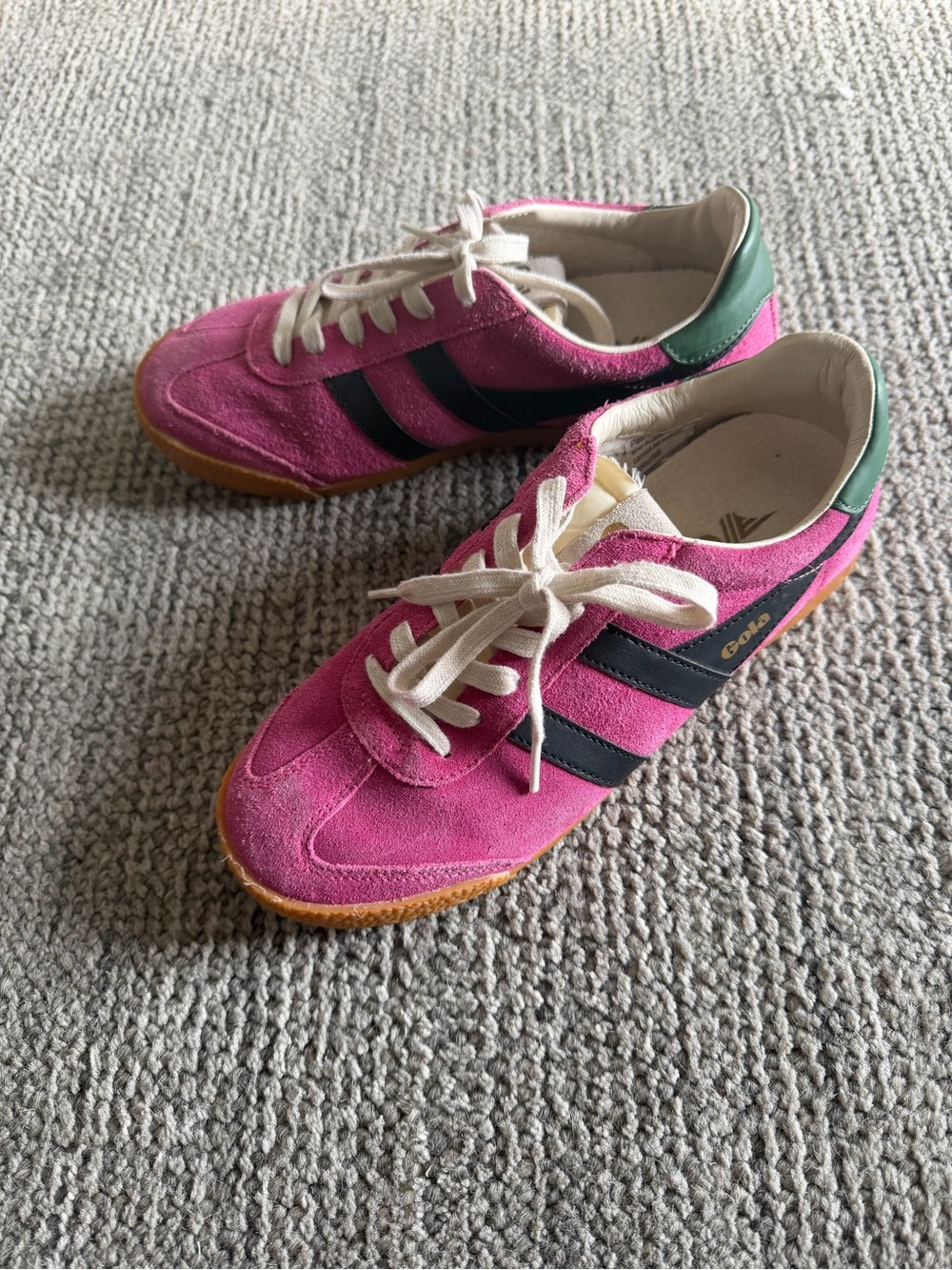 Gola Pink Suede Sneakers with Navy Stripes and Green Heel